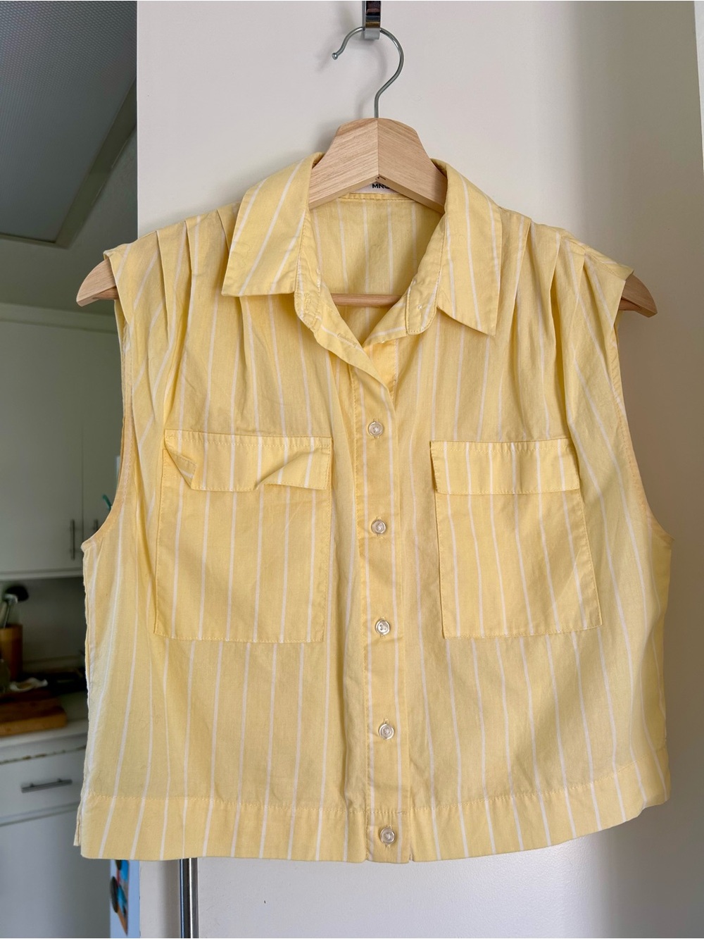 MNG Yellow Sleeveless Button-Up Shirt with White Stripes